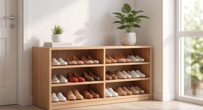 Mơ thấy mua giày: Giải mã điềm báo sự nghiệp & cách hóa giải 6 Tủ đựng giày bằng gỗ được sắp xếp ngăn nắp và sạch sẽ tại khu vực lối ra vào của ngôi nhà