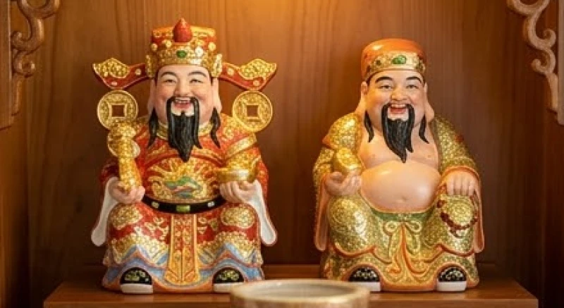 Sắp xếp tượng Thần Tài bên trái và Ông Địa bên phải trên bàn thờ theo đúng quy tắc Tả Thanh Long Hữu Bạch Hổ