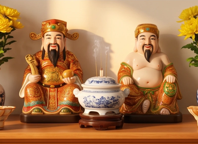 Tượng Thần Tài ngự bên trái và Thổ Địa ngự bên phải tính từ ngoài nhìn vào, ở giữa là bát hương đặt ngay ngắn