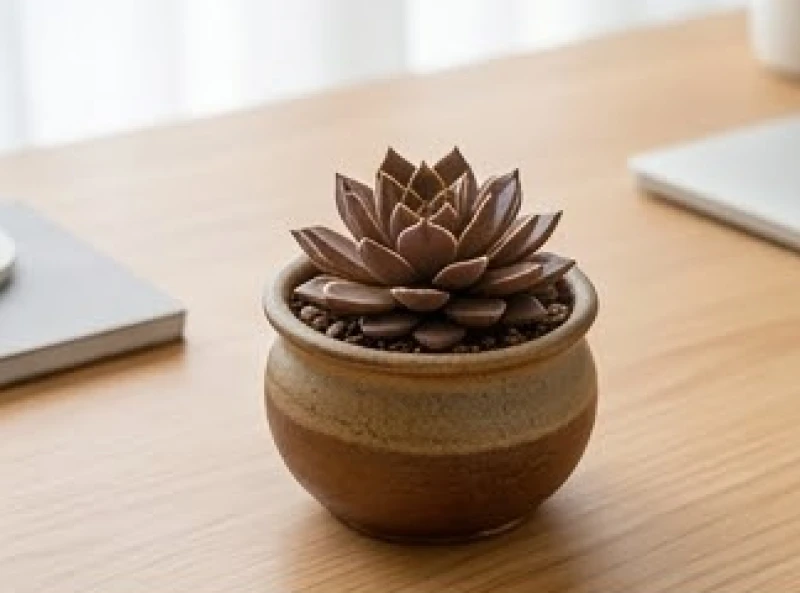 Chậu sen đá nâu nhỏ gọn xếp cánh hình đài hoa đặt trên bàn làm việc mang đến sự ổn định tài lộc