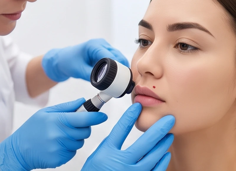 Bác sĩ da liễu đang thăm khám vùng da quanh môi bị tổn thương do tẩy nốt ruồi sai cách