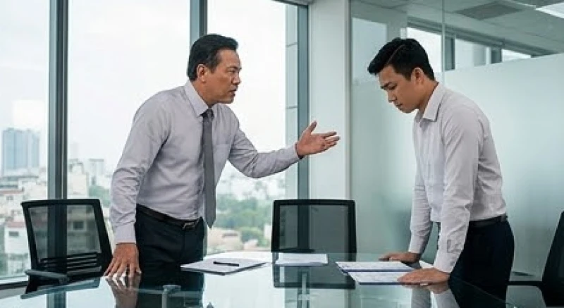 Người quản lý tỏ thái độ không hài lòng với nhân viên đi muộn trong phòng họp