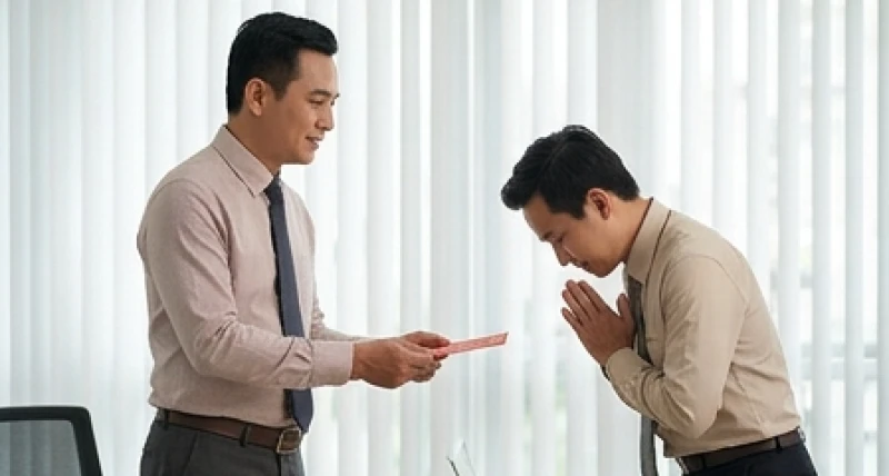 Cấp trên mặc trang phục công sở lịch sự đang trao tận tay phong bao lì xì đỏ cho nhân viên cấp dưới