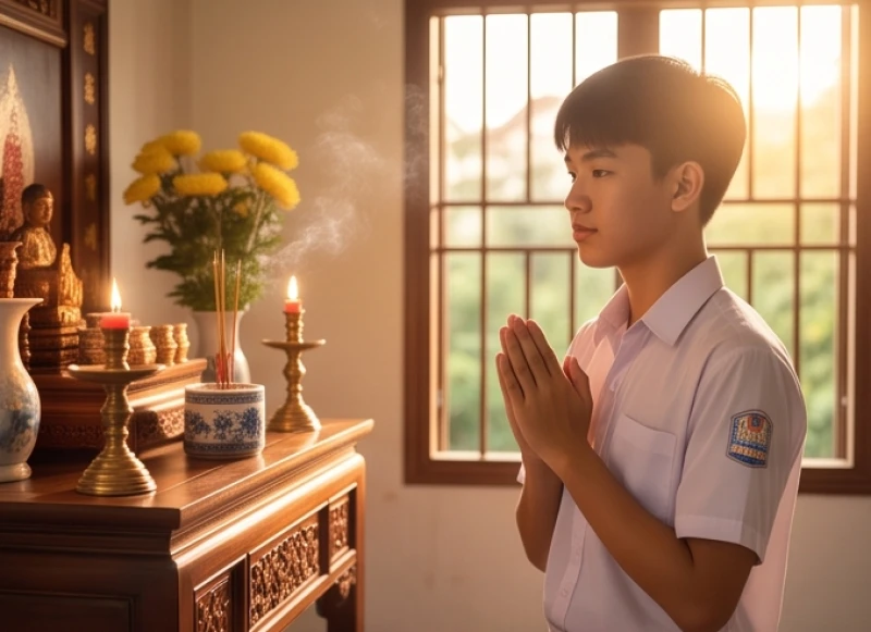 Nam sinh đứng chắp tay vái lạy trước bàn thờ gia tiên vào sáng sớm trước khi bước ra khỏi nhà đi thi