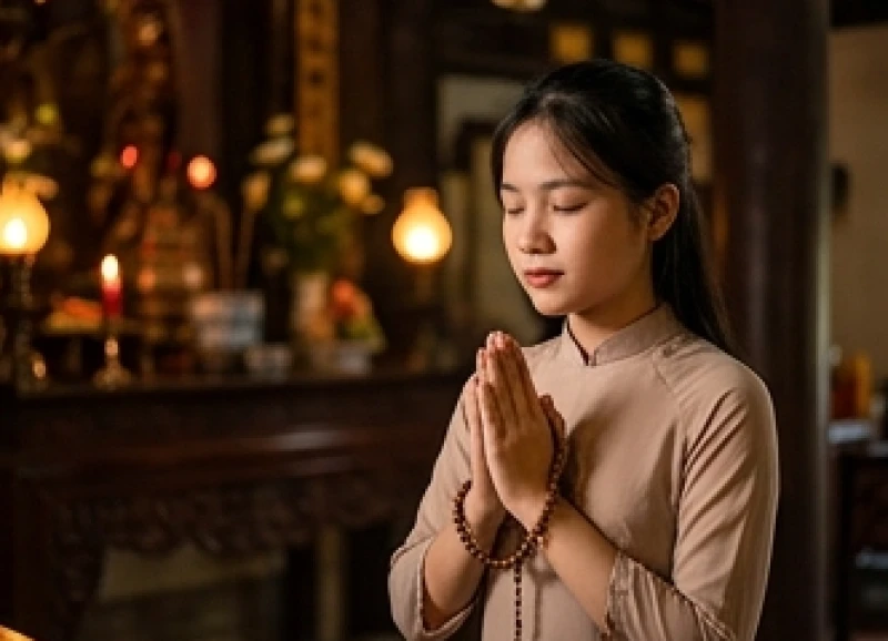 Văn khấn tại Đền Hùng: Bài khấn từng đền và lộ trình dâng hương 9 Một sĩ tử chắp tay nhắm mắt tĩnh tâm cầu nguyện sự minh mẫn trước kỳ thi quan trọng