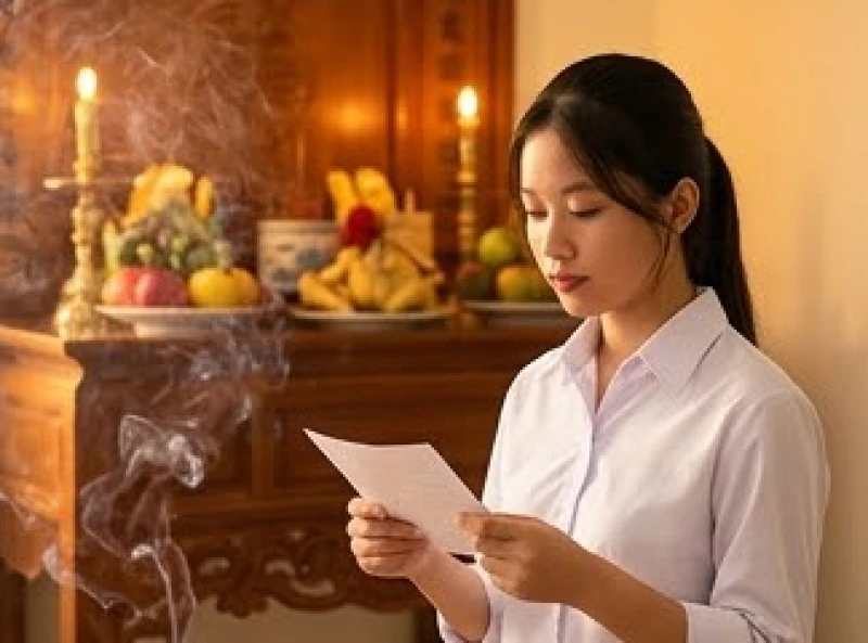 Văn khấn báo cáo gia tiên khi thi đỗ: Bài cúng & mâm lễ tạ ơn 7 Nữ sinh mặc áo sơ mi trắng lịch sự cầm tờ giấy đọc văn khấn tạ ơn gia tiên trước bàn thờ khói hương