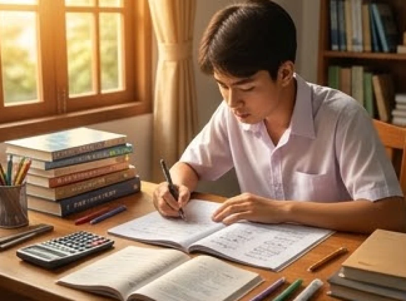 Tử vi tuổi Kỷ Sửu 2009 năm 2026: Cẩm nang thi cử và giải hạn 1 Nam sinh tuổi Kỷ Sửu 2009 tập trung cao độ giải đề thi thử trong căn phòng ngập tràn sách vở