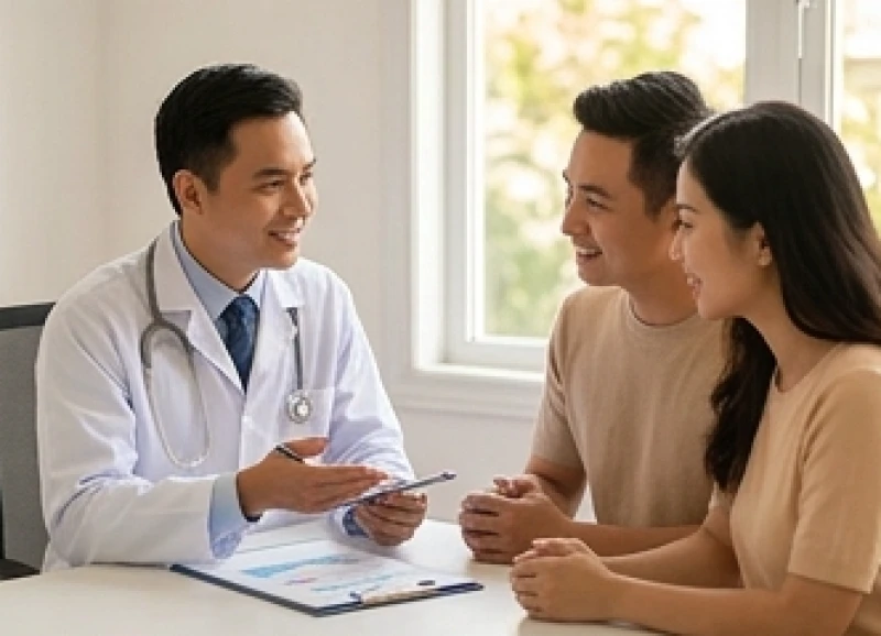 Bác sĩ phụ sản tư vấn kế hoạch mang thai dựa trên lịch rụng trứng của người vợ