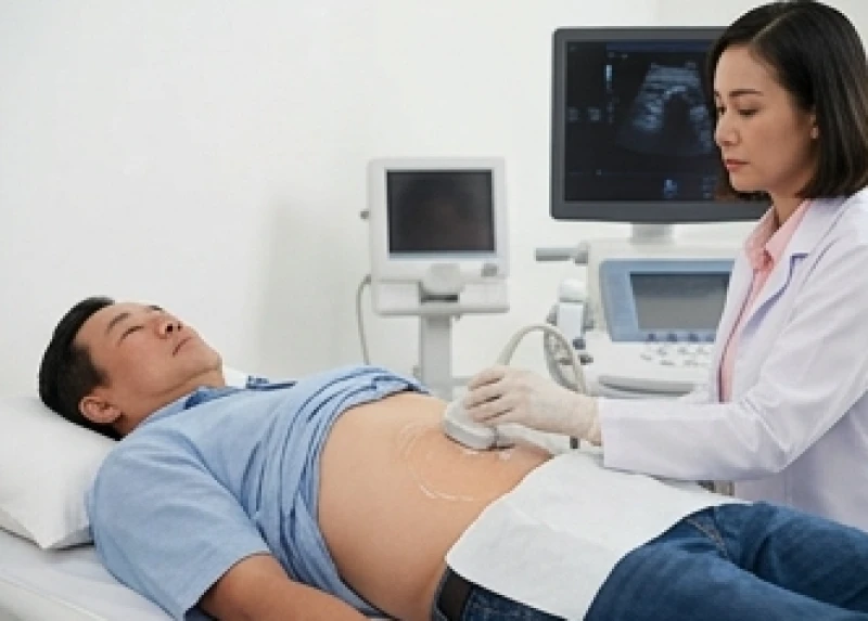 Bác sĩ đang thực hiện siêu âm ổ bụng để đánh giá chi tiết tình trạng gan nhiễm mỡ của một bệnh nhân nam