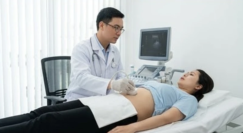 Bác sĩ siêu âm đang thực hiện thao tác kiểm tra vùng bụng để đánh giá tình trạng gan và túi mật