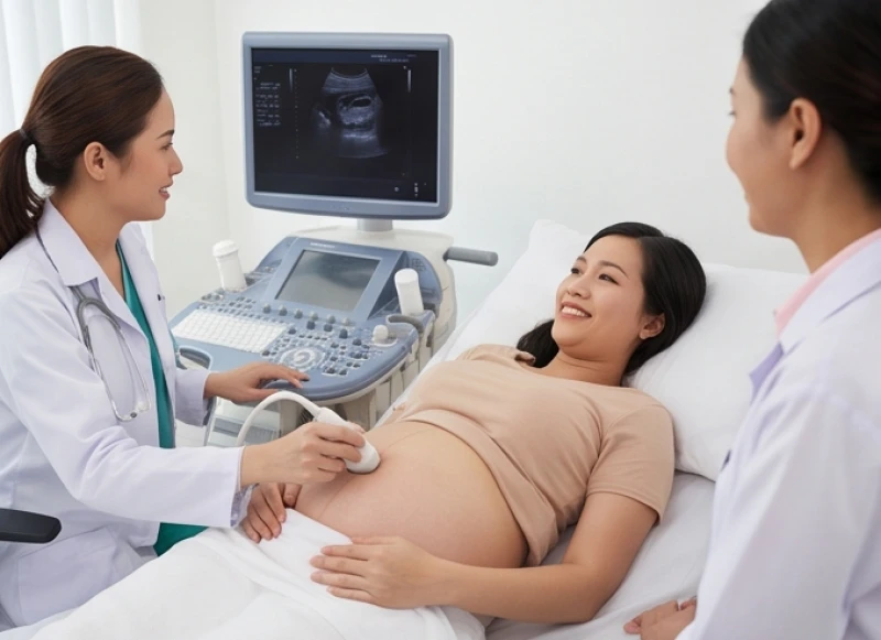Sức khỏe tuổi Dần năm 2026: Bản đồ tầm soát theo độ tuổi 4 Sản phụ vui vẻ nằm trên giường bệnh theo dõi màn hình trong lúc bác sĩ thực hiện siêu âm thai kỳ an toàn
