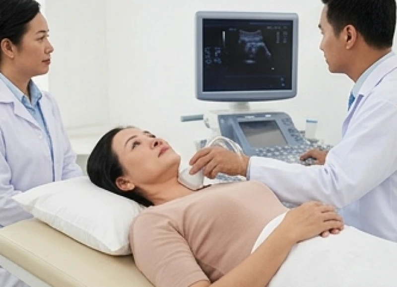 Bác sĩ chuyên khoa đang thực hiện siêu âm tuyến giáp cho nữ bệnh nhân trong đợt khám định kỳ