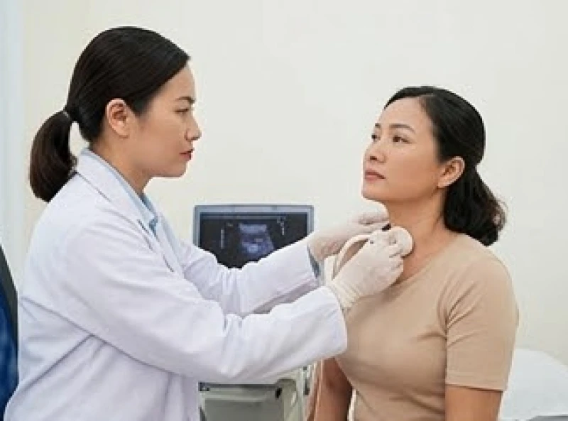 Bác sĩ siêu âm vùng cổ để kiểm tra chức năng tuyến giáp cho một nữ bệnh nhân tại bệnh viện