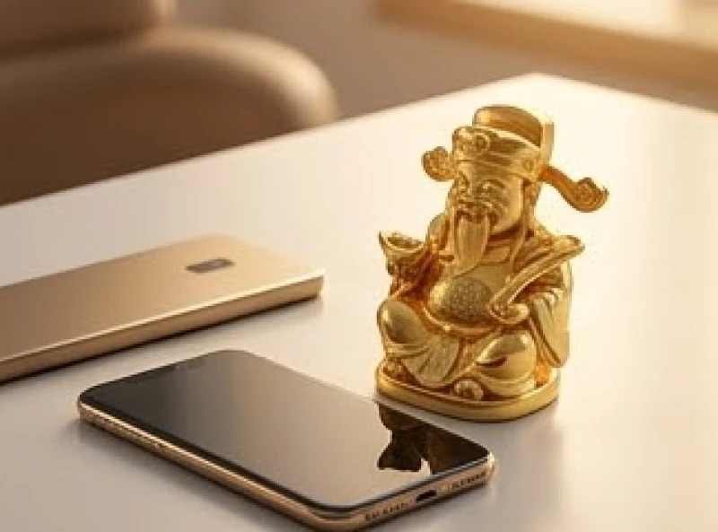 Sim phong thủy tuổi Mùi: Định mức ngân sách và tự luận Kinh Dịch 10 Bức tượng Thần Tài nhỏ bằng gốm sứ mạ vàng đặt trên bàn làm việc cùng với chiếc điện thoại thông minh sang trọng