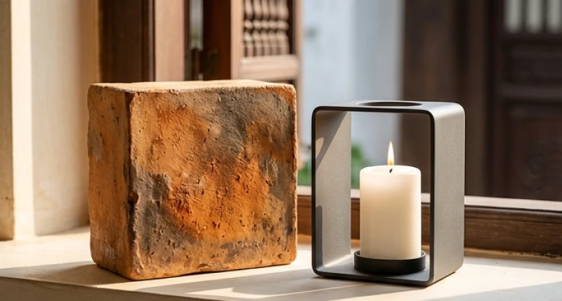 Khối gốm nung mộc mạc đại diện cho sự vững chãi của mệnh Thành Đầu Thổ tuổi Mậu Dần