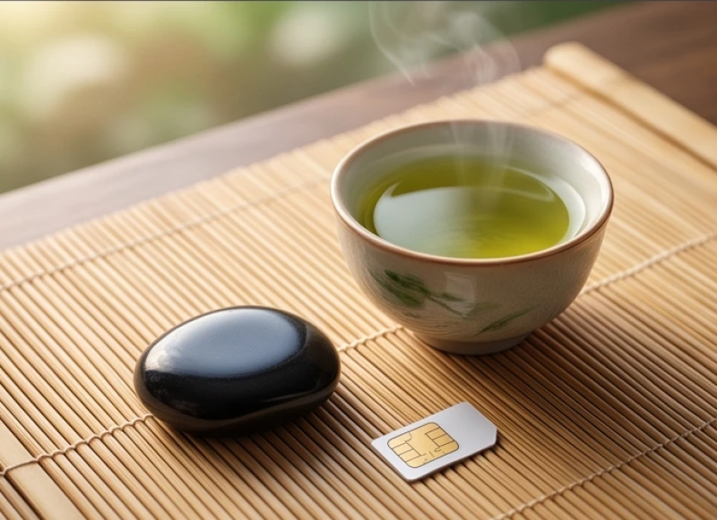 Sim phong thủy tuổi Mão: tự lọc số theo cung phi nam nữ 5 Thẻ sim đặt bên cạnh chén trà xanh và viên đá phong thủy màu đen mệnh Thủy