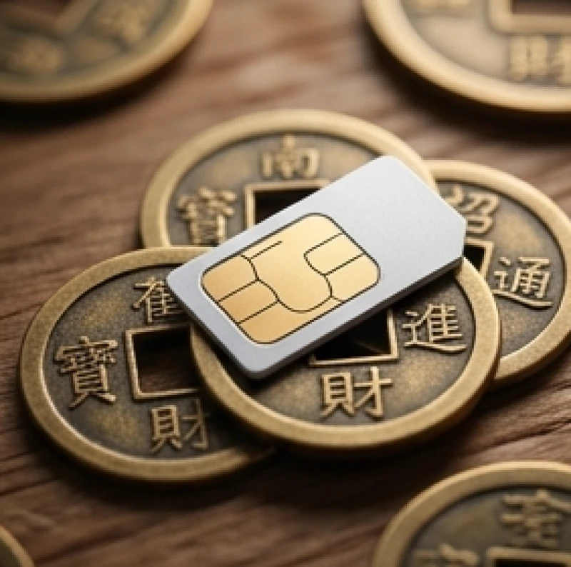 Sim phong thủy tuổi Sửu: Bảng tra nam nữ & tự lập quẻ Kinh Dịch 2 Đồng xu phong thủy và thẻ sim điện thoại đặt trên mặt bàn gỗ