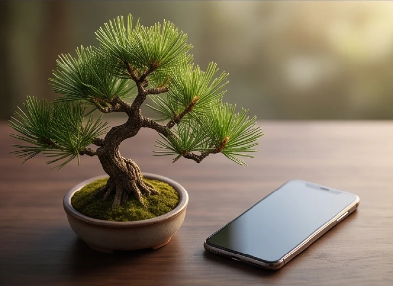 Sim phong thủy tuổi Mão: tự lọc số theo cung phi nam nữ 6 Cây bonsai tùng bách nhỏ đặt trên bàn làm việc bên cạnh chiếc điện thoại di động
