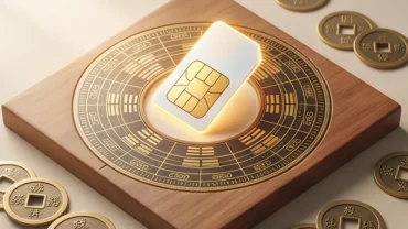 Mẫu sim phong thủy tuổi Hợi đặt trên la bàn và đồng tiền xu cổ đại diện cho bản mệnh ngũ hành