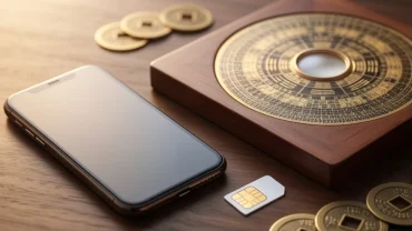 Thẻ sim điện thoại đặt cạnh la bàn phong thủy và đồng xu cổ giúp chọn sim phong thủy tuổi mão chính xác