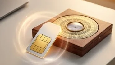 Một chiếc thẻ sim điện thoại đặt cạnh la bàn phong thủy trên nền gỗ, đại diện cho dòng sim phong thủy tuổi Mùi