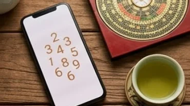 Bàn làm việc với la bàn phong thủy và điện thoại hiển thị số sim phong thủy tuổi ngọ đẹp
