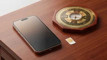 Chiếc điện thoại và sim phong thủy tuổi thìn đặt cạnh la bàn phong thủy trên mặt gỗ