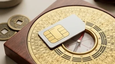 Thẻ sim điện thoại đặt cạnh la bàn phong thủy và đồng xu cổ giúp chọn sim phong thủy tuổi Tý