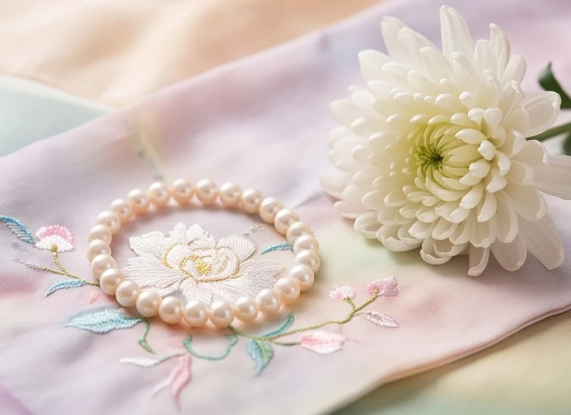Chiếc vòng tay ngọc trai và đóa hoa cúc mềm mại đại diện cho năng lượng Âm nhu hòa của các bé gái tuổi Mùi