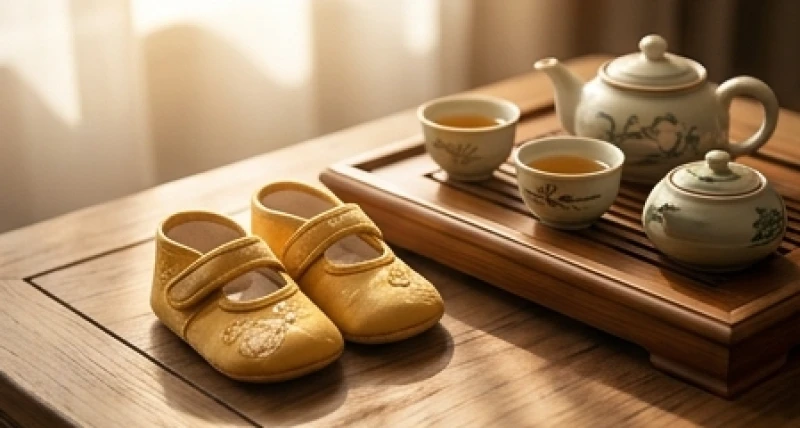 Đôi hài trẻ em nhỏ nhắn màu vàng kim đặt cạnh bộ ấm trà gia đình tượng trưng cho sự gắn kết và hòa thuận