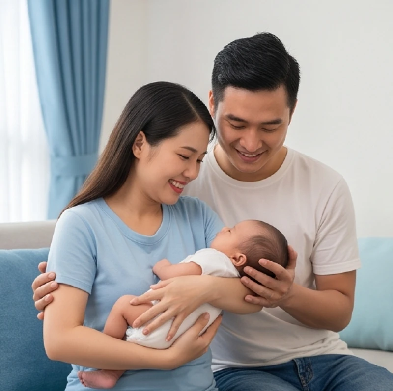 Em bé đang vui đùa cùng cha mẹ trong căn phòng ấm áp có các chi tiết trang trí màu xanh biển