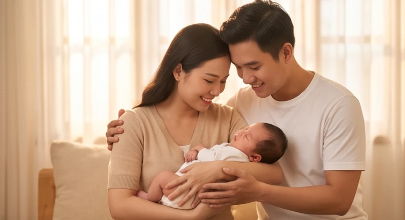 Gia đình nhỏ hạnh phúc đang ôm đứa trẻ sơ sinh tượng trưng cho sự gắn kết vượng khí
