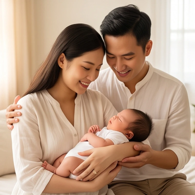 Cha mẹ bế đứa con nhỏ kháu khỉnh, thiên thần nhỏ đóng vai trò cầu nối ngũ hành hóa giải mọi xung khắc gia đạo
