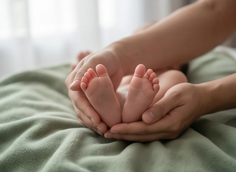 Đôi tay cha mẹ đang nâng niu đôi chân bé nhỏ của trẻ sơ sinh trên nền chăn nỉ màu xanh lá cây