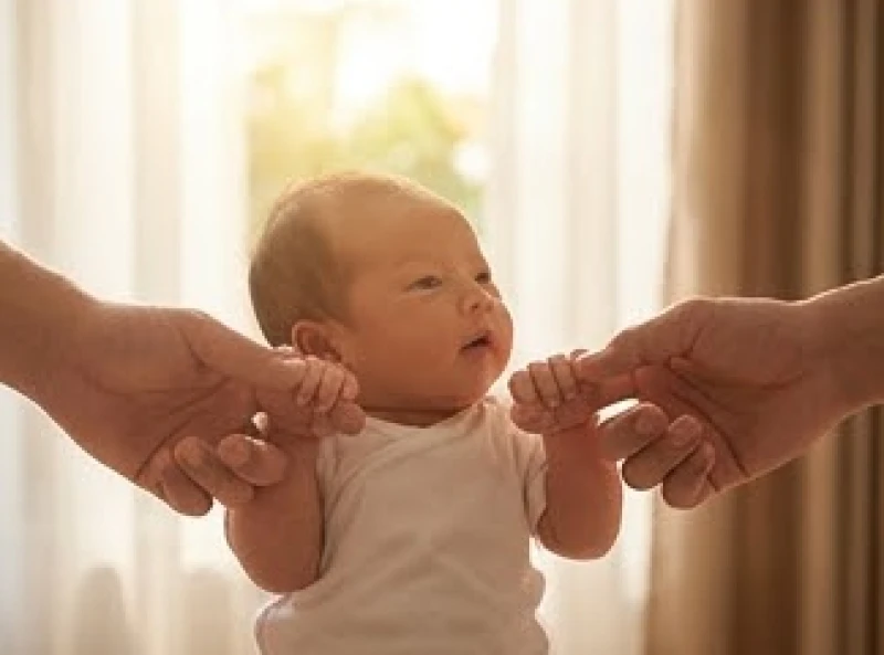 Em bé sơ sinh đang nắm chặt ngón tay của bố mẹ trong không gian phòng ngủ ấm áp