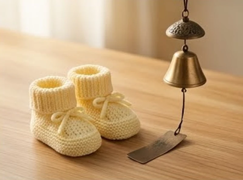 Đôi giày len sơ sinh nhỏ xíu màu vàng nhạt đặt cạnh chiếc chuông gió bằng đồng mang ý nghĩa cầu bình an