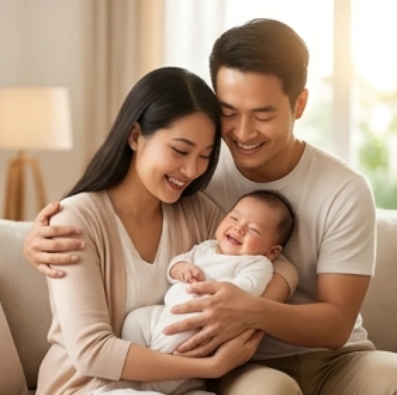 Em bé kháu khỉnh tươi cười trong vòng tay yêu thương của cha mẹ mang lại sự gắn kết bền chặt và êm ấm