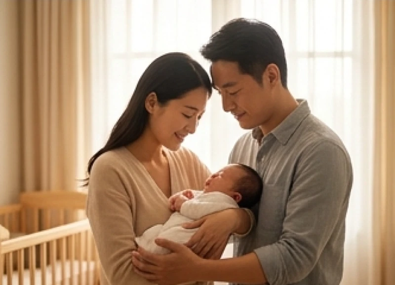 Gia đình nhỏ hạnh phúc bên đứa con mới sinh trong căn phòng ấm áp