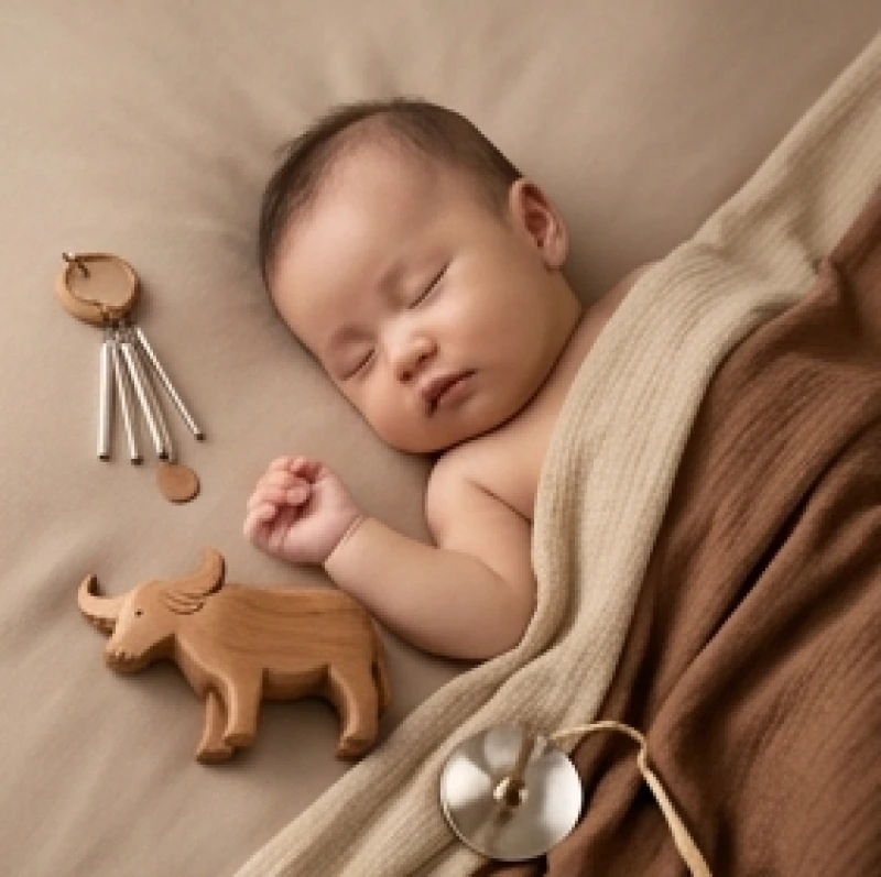 Mệnh Kim hợp mệnh gì: Chi tiết nạp âm, tuổi làm ăn và kết hôn 7 Bé nhỏ bụ bẫm đang say ngủ bên cạnh món đồ chơi bằng gỗ khắc tinh xảo và chiếc chuông gió kim loại