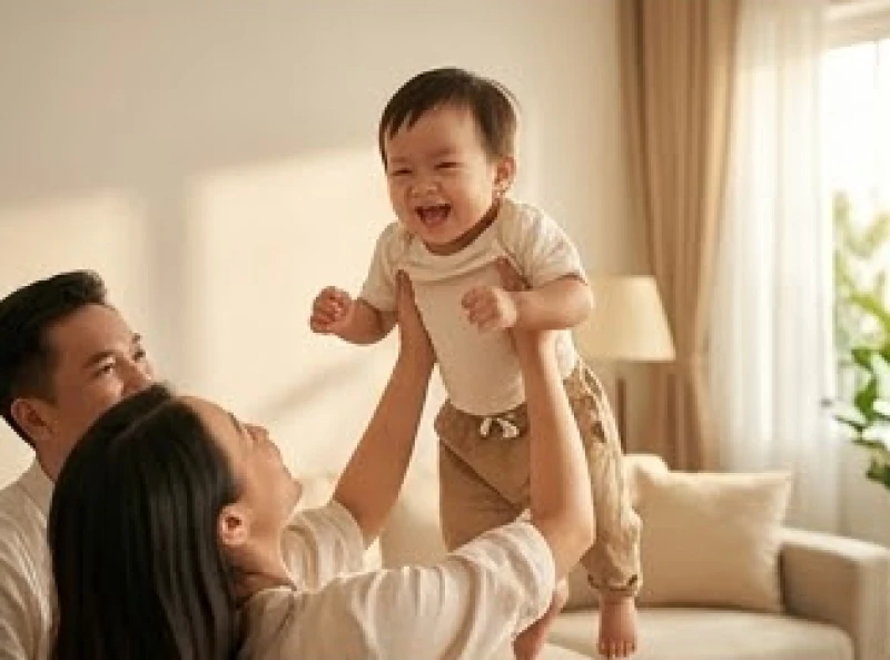 Đứa trẻ khỏe mạnh vui đùa trong vòng tay cha mẹ đón nhận trọn vẹn vượng khí từ bộ Tam hợp Tỵ Dậu Sửu