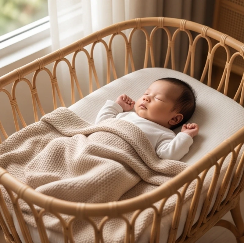 Bé sơ sinh ngủ ngoan trong nôi mây mộc mạc tượng trưng cho sự bình an của năm Mậu Thân