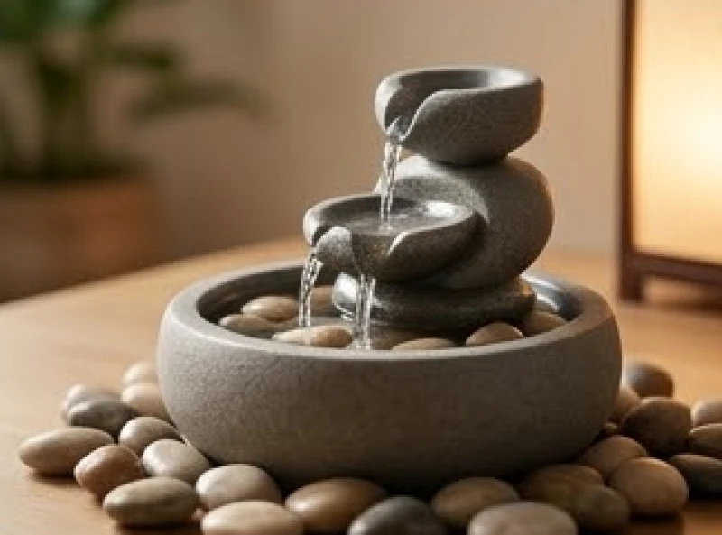Dòng nước chảy nhẹ nhàng từ thác nước phong thủy mini bằng đá mang hành Thủy giúp cân bằng năng lượng