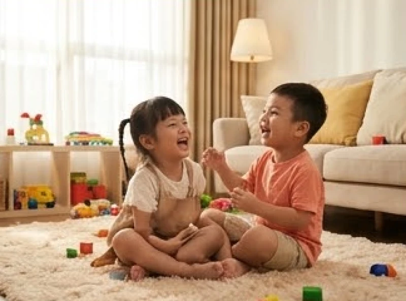 Tuổi Hợi hợp sinh con tuổi gì: Hướng dẫn cho vợ chồng lệch tuổi 9 Hai đứa trẻ đang vui vẻ chơi đùa cùng nhau trên tấm thảm êm ái trong phòng khách gia đình