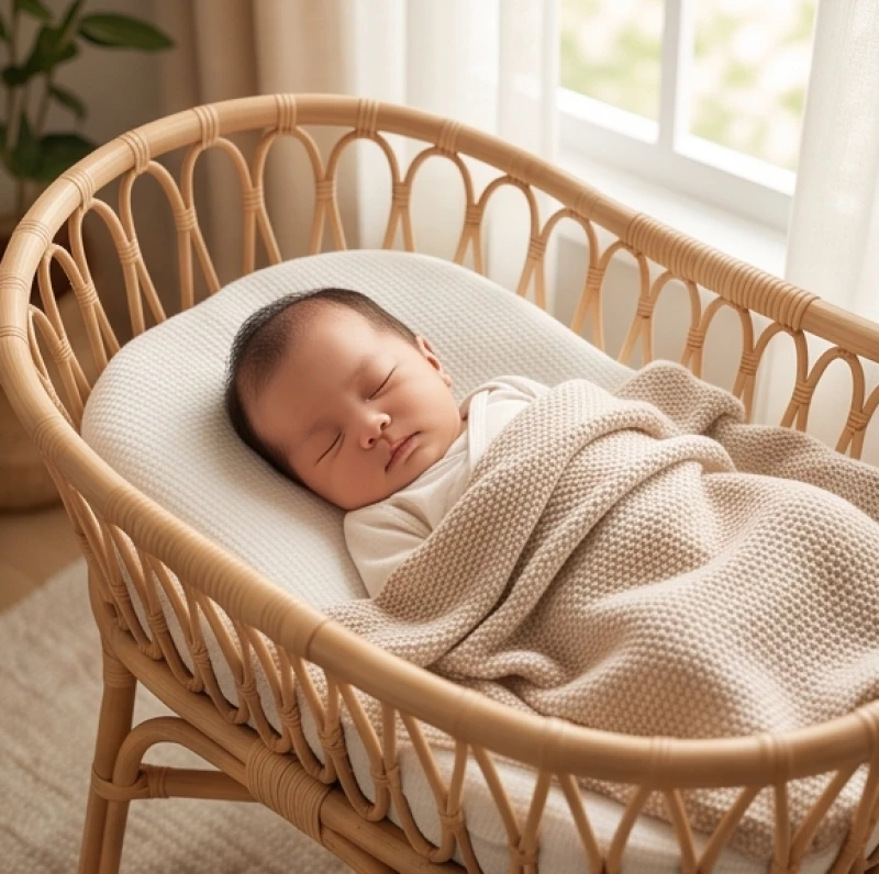 Trẻ sơ sinh say giấc nẻo yên bình trong chiếc nôi đan mây mộc mạc giữa không gian ấm áp mùa xuân