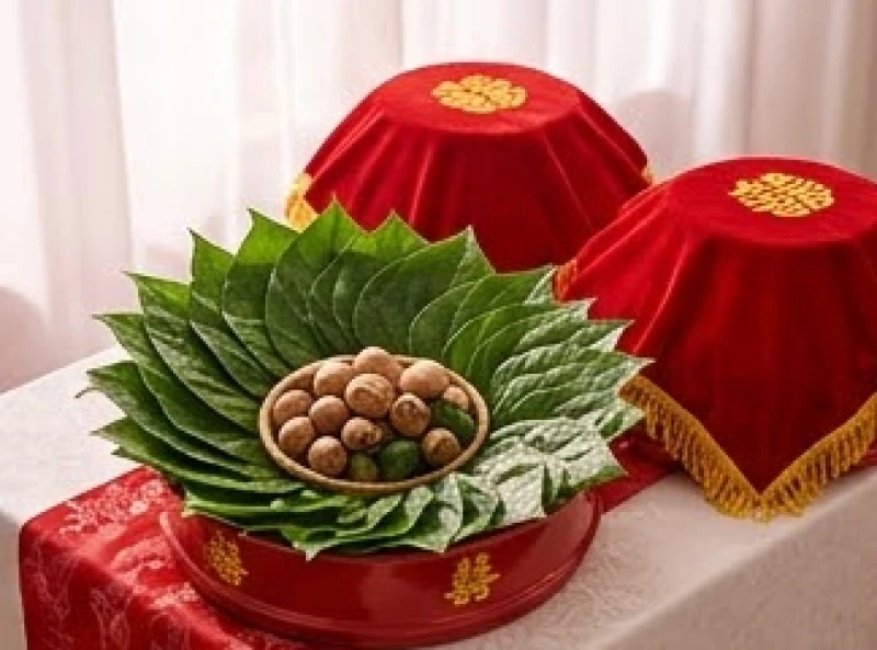 Mâm sính lễ cưới hỏi truyền thống được sắp xếp chỉn chu với trầu cau tươi và nắp đậy vải nhung đỏ