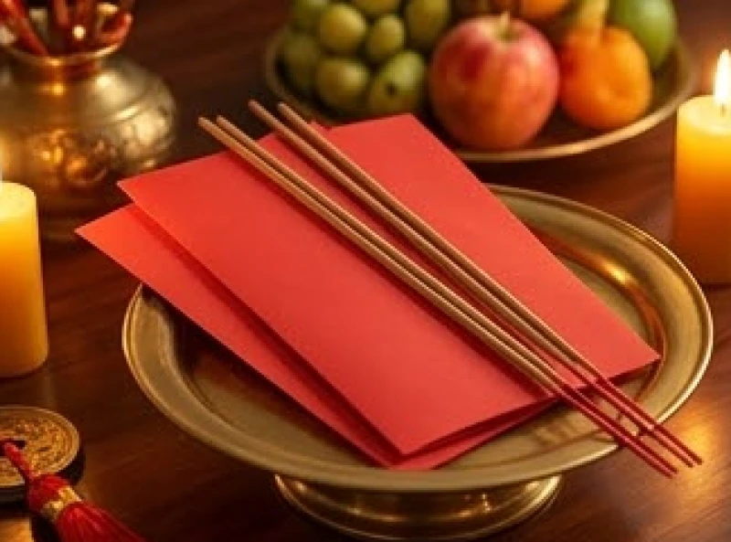 Tờ sớ cầu an màu đỏ cùng mực vàng được đặt cẩn thận trên mâm lễ vật dâng thần linh