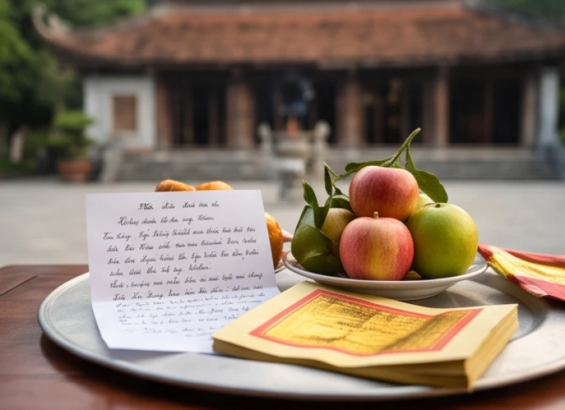 Văn khấn Quốc Mẫu Tây Thiên: Bài khấn chuẩn & Lộ trình dâng lễ 5 Sớ kêu cầu và tiền vàng mã được chèn cẩn thận dưới đĩa hoa quả tươi trên mâm cúng