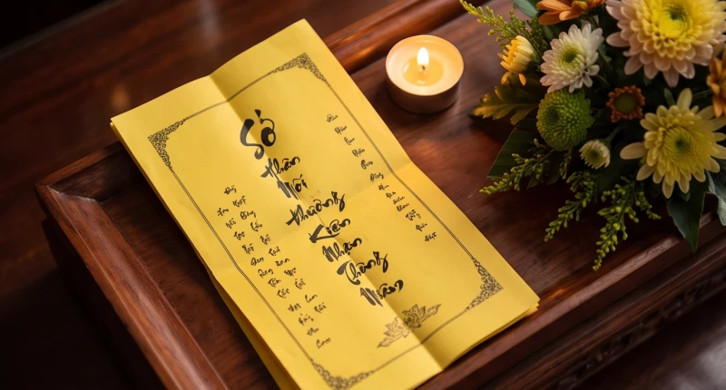 Lá sớ màu vàng ghi rõ thông tin thí sinh và trường thi được đặt cẩn thận trên khay lễ