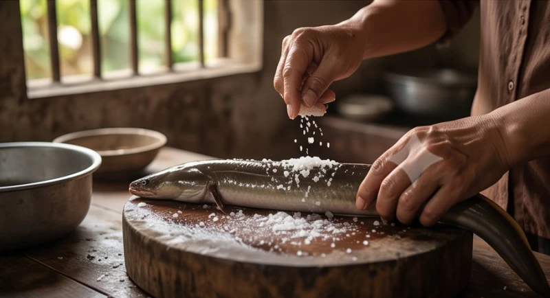 Mơ thấy con lươn: Giải mã điềm báo và con số may mắn 8 Đôi bàn tay khéo léo đang dùng muối để làm sạch lớp nhớt trơn trượt của con lươn tươi