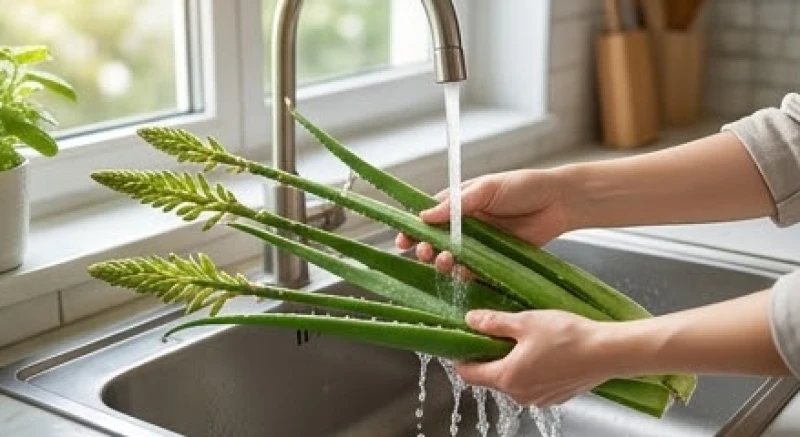 Cuống hoa nha đam được rửa sạch dưới vòi nước chảy liên tục để loại bỏ hoàn toàn mủ vàng aloin